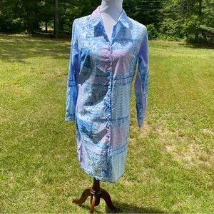 THREE ISLANDS DRESS SHIFT BUTTON FRONT LONG SLEEVE BLUE WHITE PURPLE SIZE XS